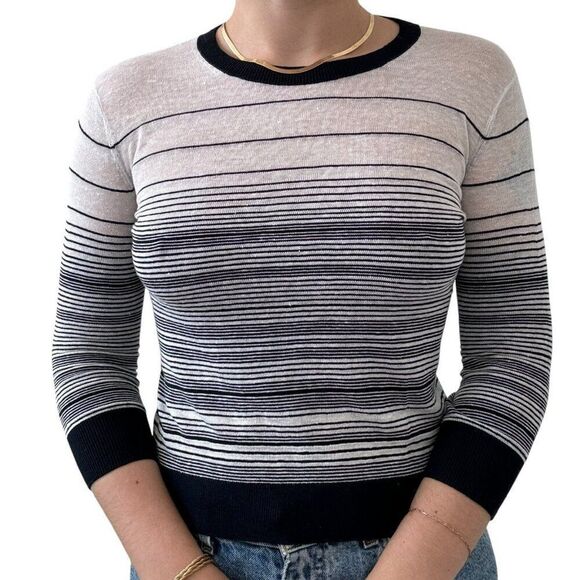 Theory Womens Navy Blue White Striped Linen Blend Sheer Sweater Petite Small - Picture 3 of 3